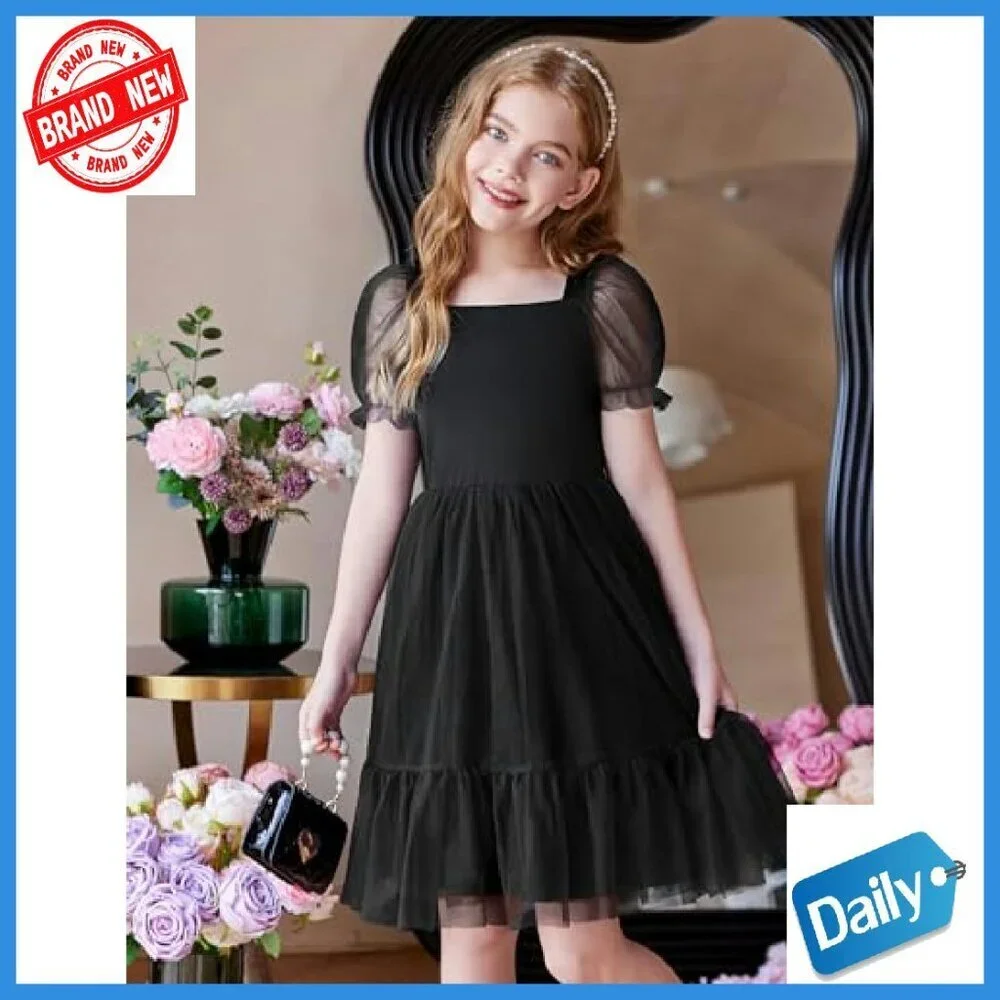 Girls Tulle Dress Puff Sleeve Bow Back Party Holiday Spring Summer Size